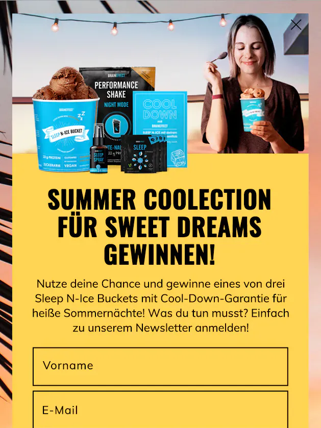 BrainEffect mobile pop-up in German: a woman eating ice cream beside the brand’s sleep products, above the headline “Summer Coolection für Sweet Dreams gewinnen!” on yellow and name and email fields.