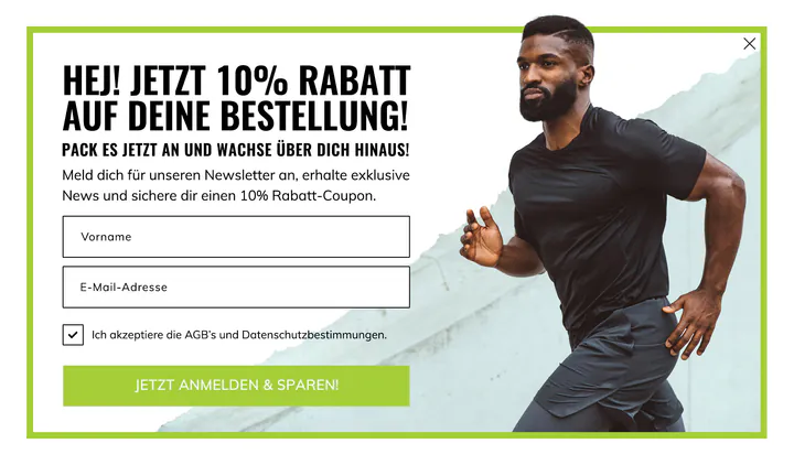 BrainEffect sign-up pop-up in German: “Hej! Jetzt 10% Rabatt auf deine Bestellung!” beside a man running in black sportswear, with name and email fields and a lime-green button inside a lime frame.