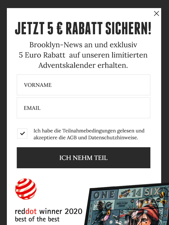 Brooklyn Soap Company mobile pop-up in German: “Jetzt 5 € Rabatt sichern!” above name and email fields and a black button, with the illustrated advent calendar and beard-care products beneath.