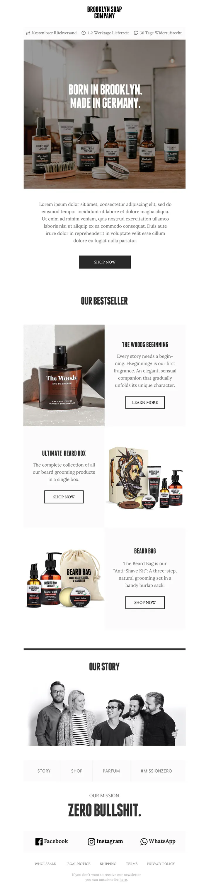 Brooklyn Soap Company newsletter: beard-care bottles on a workshop table under “Born in Brooklyn. Made in Germany.”, then the bestsellers: The Woods eau de parfum, the Ultimate Beard Box and the Beard Bag.