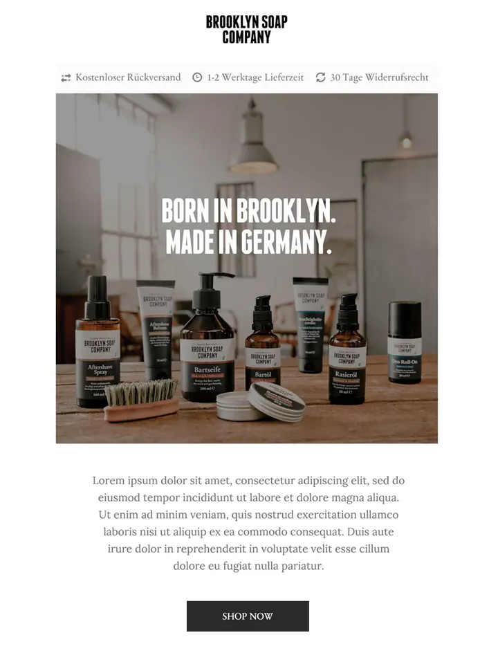 Brooklyn Soap Company newsletter: beard-care bottles on a workshop table under “Born in Brooklyn. Made in Germany.”, then the bestsellers: The Woods eau de parfum, the Ultimate Beard Box and the Beard Bag.