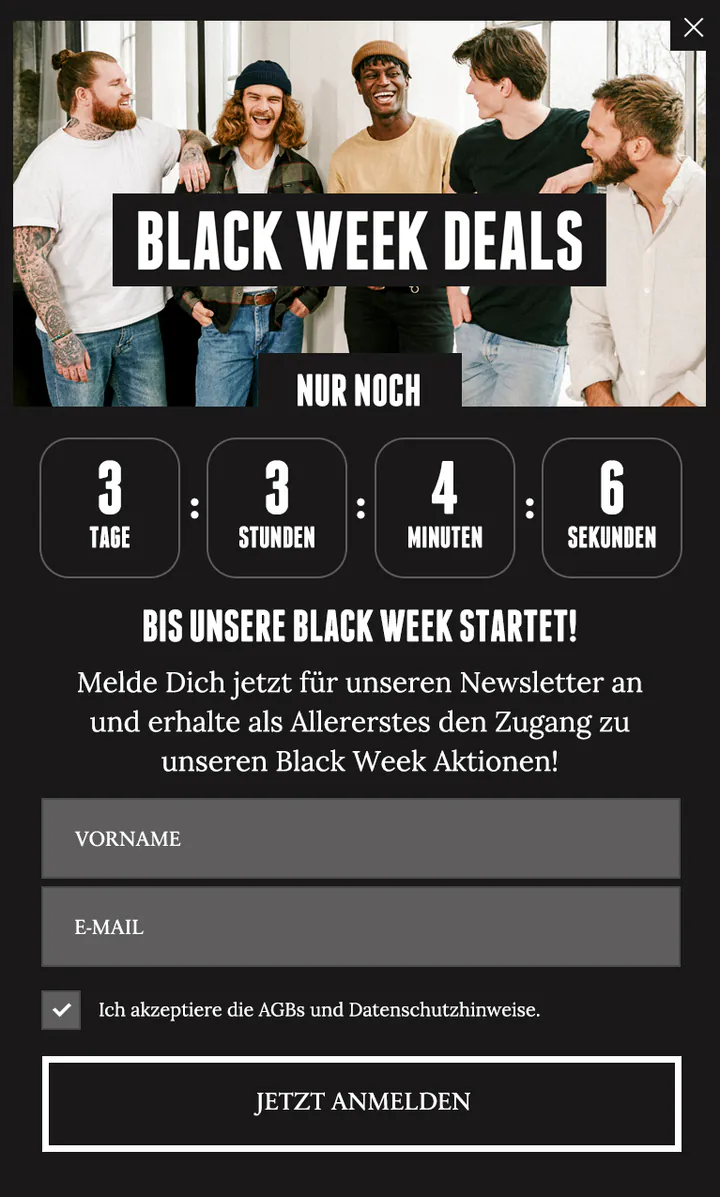 Brooklyn Soap Company mobile pop-up in German: five laughing men behind a “Black Week Deals” banner, a countdown in days, hours, minutes and seconds, and name and email fields for early access.