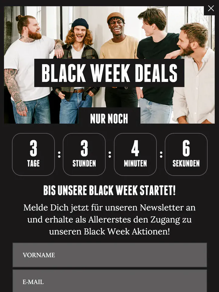 Brooklyn Soap Company mobile pop-up in German: five laughing men behind a “Black Week Deals” banner, a countdown in days, hours, minutes and seconds, and name and email fields for early access.