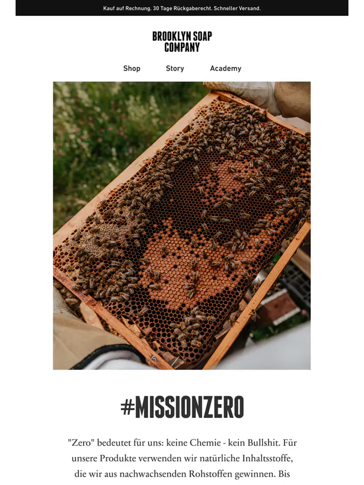Brooklyn Soap Company newsletter in German: a beekeeper holding a honeycomb frame above the headline “#MissionZero” and a note on natural, vegan ingredients, then gift bags and recyclable packaging.
