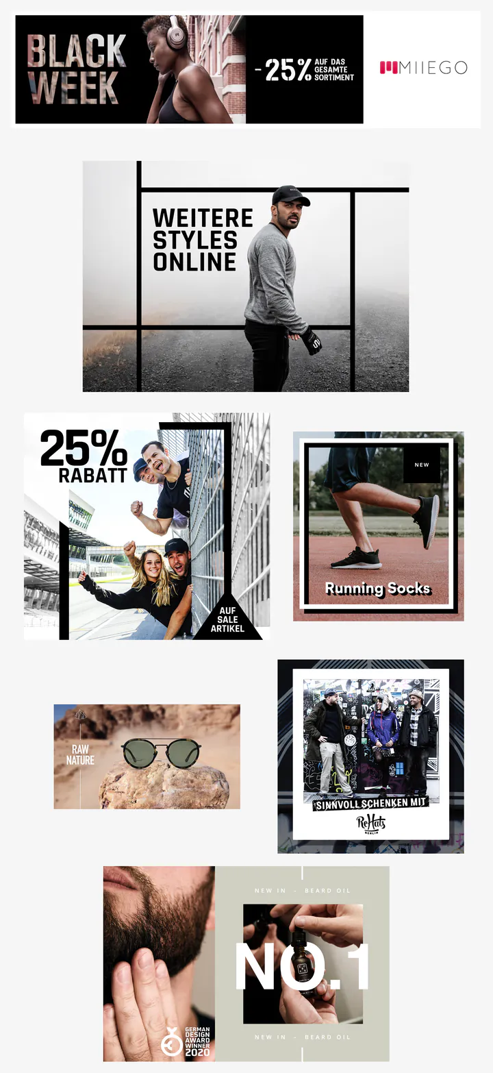 A board of campaign creatives in German: a Miiego “Black Week −25%” banner, “Weitere Styles online” and “25% Rabatt” posts, new running socks, a sunglasses banner, a ReHats gift post and a beard oil launch.