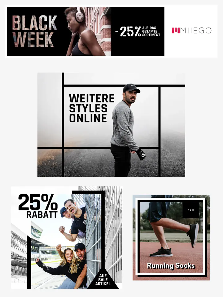 A board of campaign creatives in German: a Miiego “Black Week −25%” banner, “Weitere Styles online” and “25% Rabatt” posts, new running socks, a sunglasses banner, a ReHats gift post and a beard oil launch.