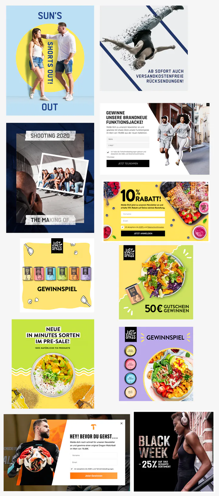 A board of campaign creatives in German: “Sun’s out, shorts out”, a free-returns banner, Just Spices giveaway and pre-sale posts, a jacket giveaway pop-up, a “making of” shoot post and a Black Week ad.