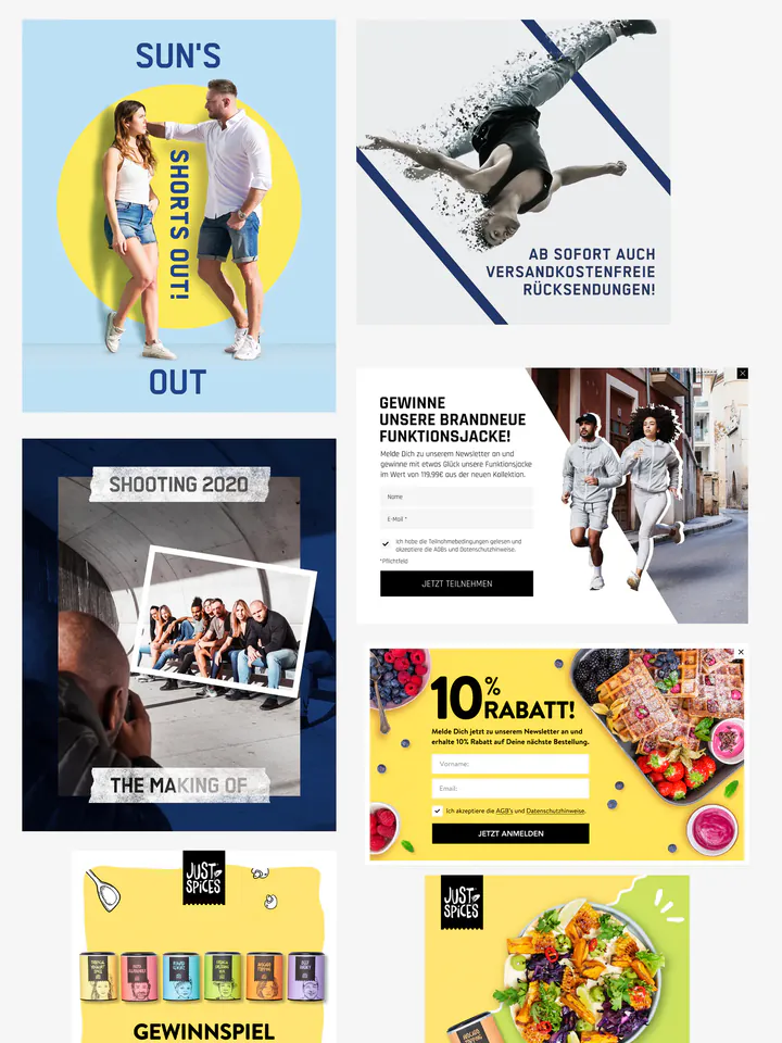 A board of campaign creatives in German: “Sun’s out, shorts out”, a free-returns banner, Just Spices giveaway and pre-sale posts, a jacket giveaway pop-up, a “making of” shoot post and a Black Week ad.