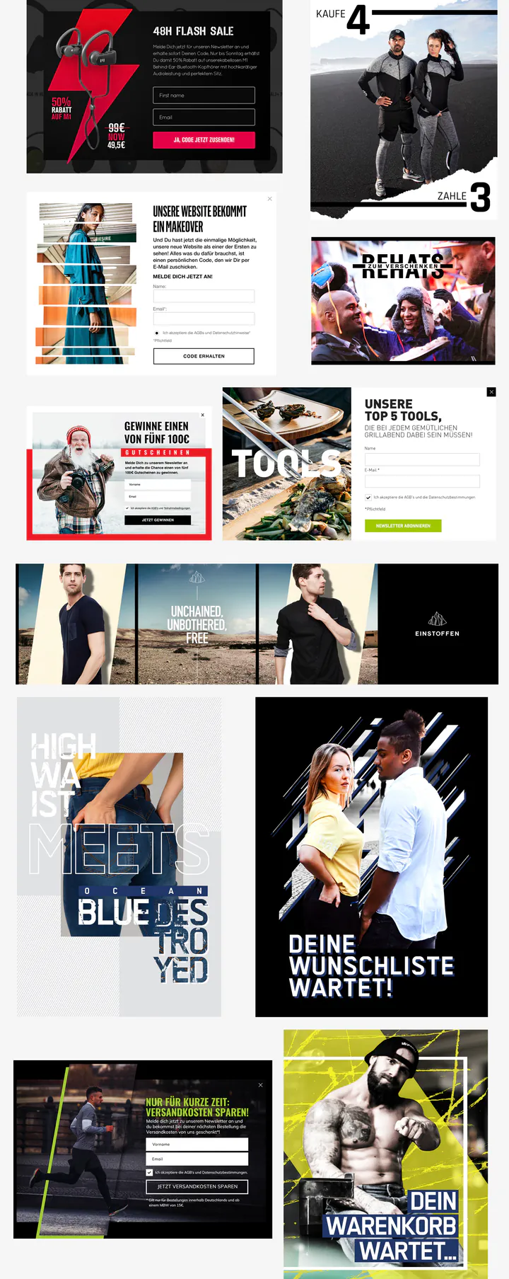 A board of campaign creatives in German for fashion, food and sports brands: a flash-sale pop-up, a buy-four-pay-three banner, voucher giveaways and “Deine Wunschliste wartet!” and “Dein Warenkorb wartet…” ads.
