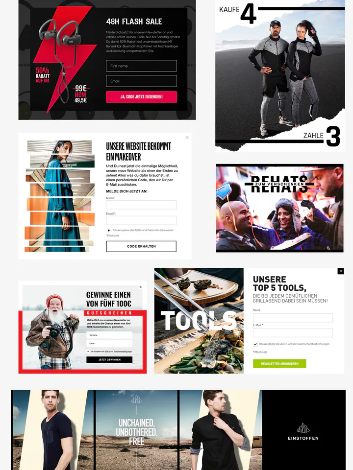 A board of campaign creatives in German for fashion, food and sports brands: a flash-sale pop-up, a buy-four-pay-three banner, voucher giveaways and “Deine Wunschliste wartet!” and “Dein Warenkorb wartet…” ads.