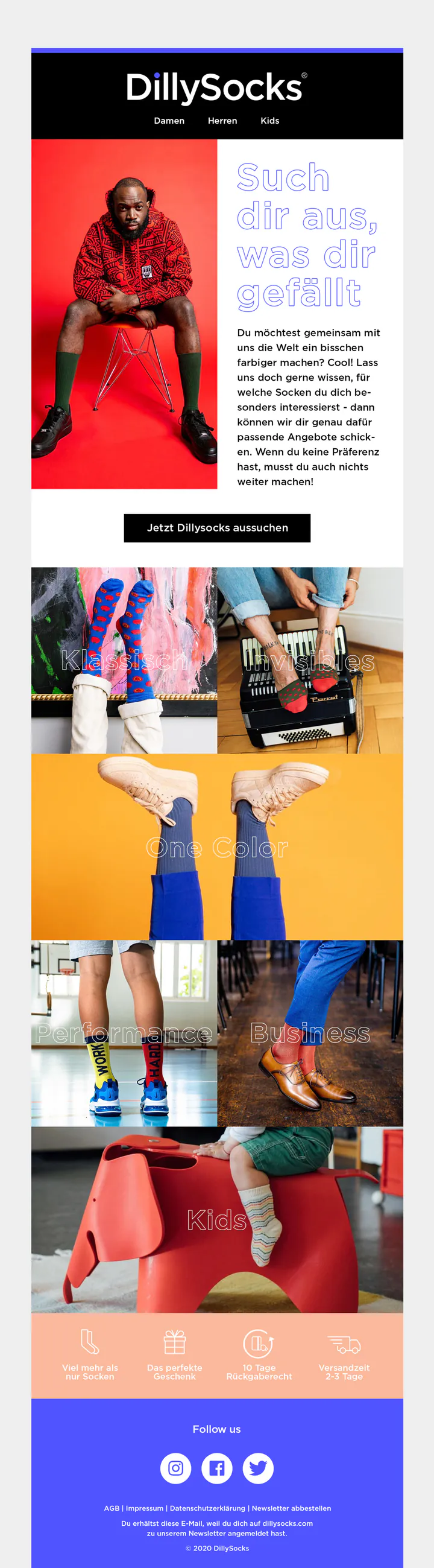 DillySocks email in German: a man in a red patterned hoodie and green socks beside the outlined headline “Such dir aus, was dir gefällt”, above a photo tile for each sock range, from classic to kids.
