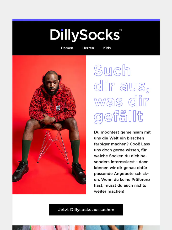 DillySocks email in German: a man in a red patterned hoodie and green socks beside the outlined headline “Such dir aus, was dir gefällt”, above a photo tile for each sock range, from classic to kids.