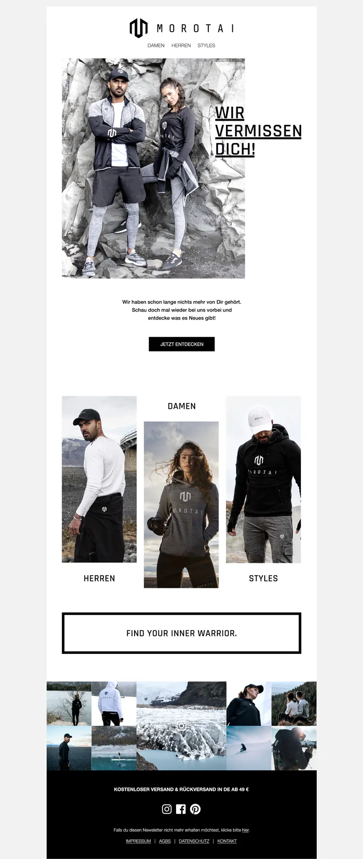 Morotai email in German: two people in black and grey sportswear against grey rocks beside the headline “Wir vermissen dich!”, then tiles for men, women and styles and the line “Find your inner warrior.”