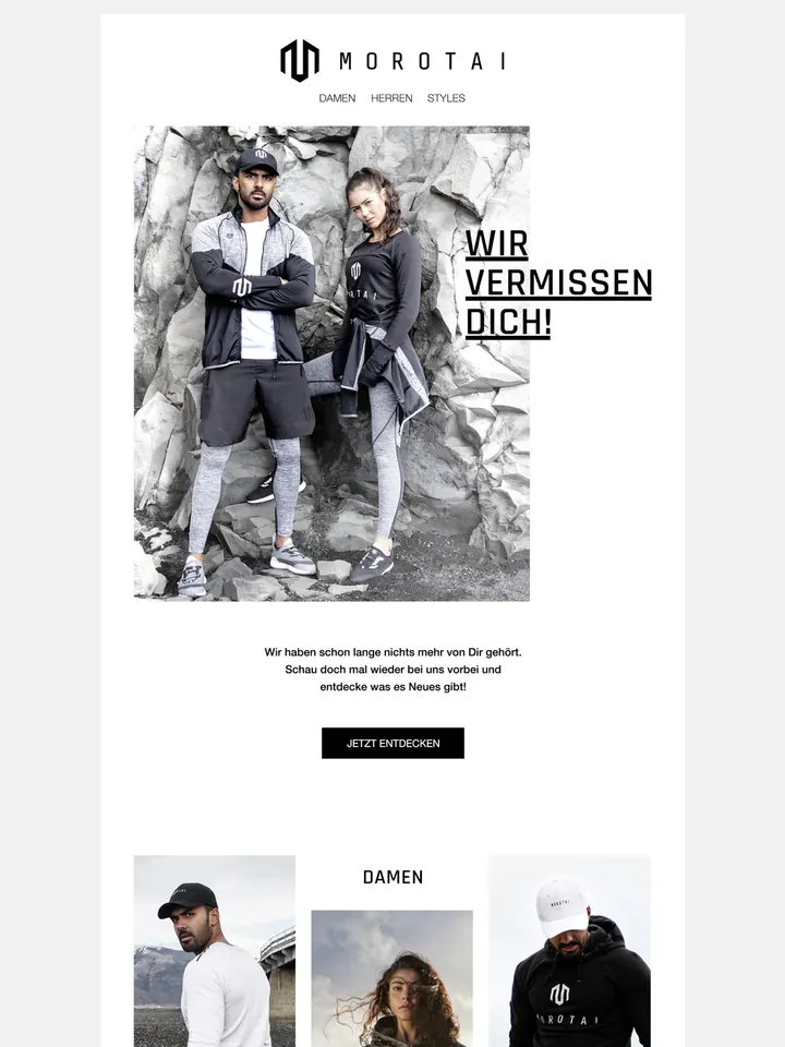 Morotai email in German: two people in black and grey sportswear against grey rocks beside the headline “Wir vermissen dich!”, then tiles for men, women and styles and the line “Find your inner warrior.”