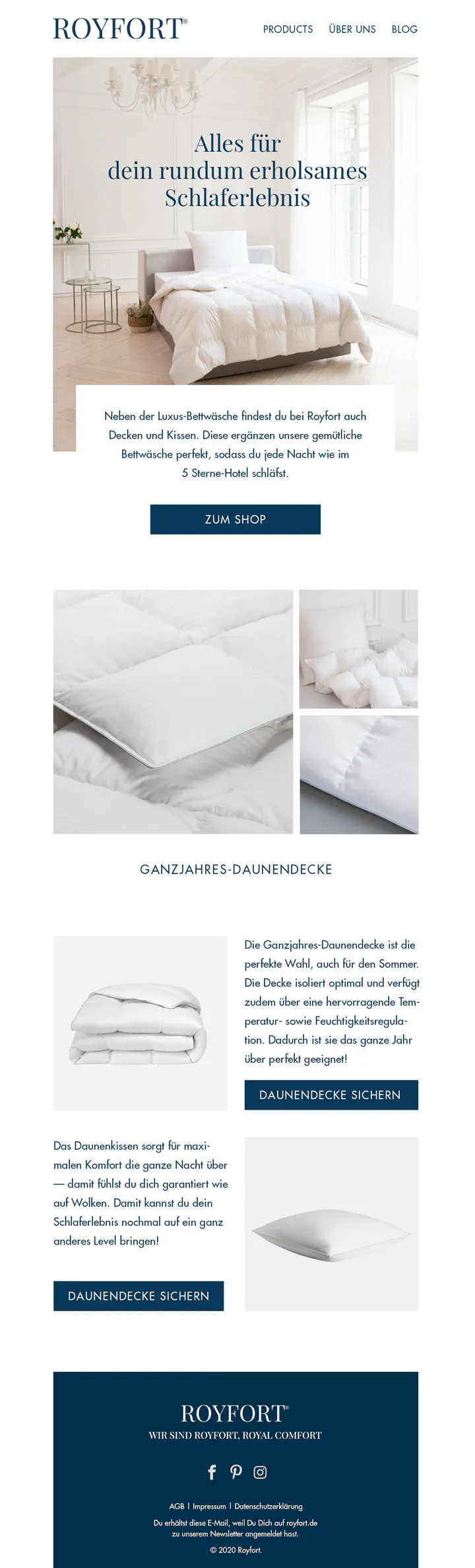 Royfort newsletter in German: a bright bedroom with a white down duvet under the headline “Alles für dein rundum erholsames Schlaferlebnis”, then close-ups of the all-season duvet and the down pillow.