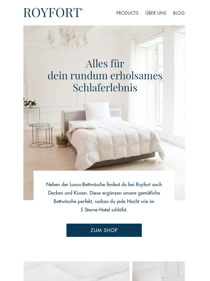 Royfort newsletter in German: a bright bedroom with a white down duvet under the headline “Alles für dein rundum erholsames Schlaferlebnis”, then close-ups of the all-season duvet and the down pillow.