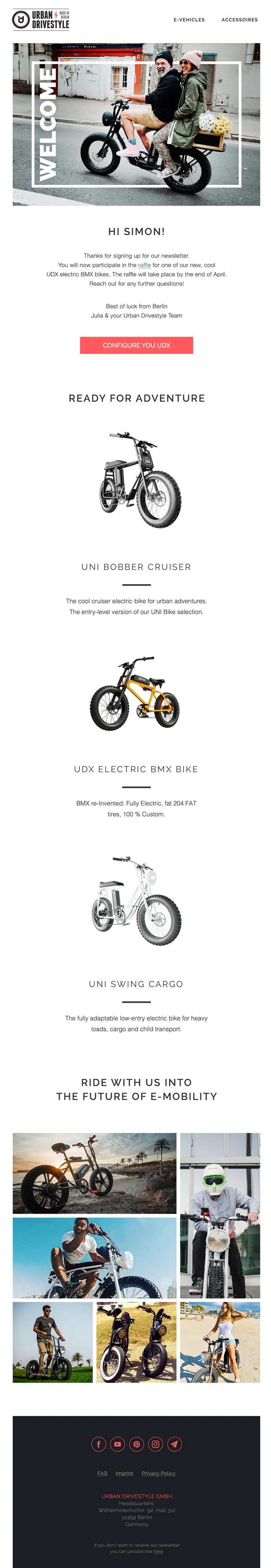 Urban Drivestyle welcome email: a couple riding a black electric bike with a crate of flowers, framed by the word “Welcome”, above a thank-you for entering the e-bike raffle and two of the bikes.