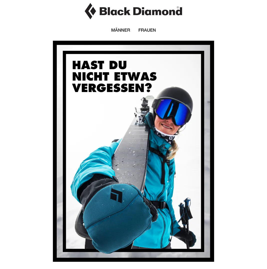 Top of the Black Diamond abandoned-cart email: the logo, then a skier in a turquoise jacket holding a ski towards the camera inside a black frame, under the headline "Hast du nicht etwas vergessen?".