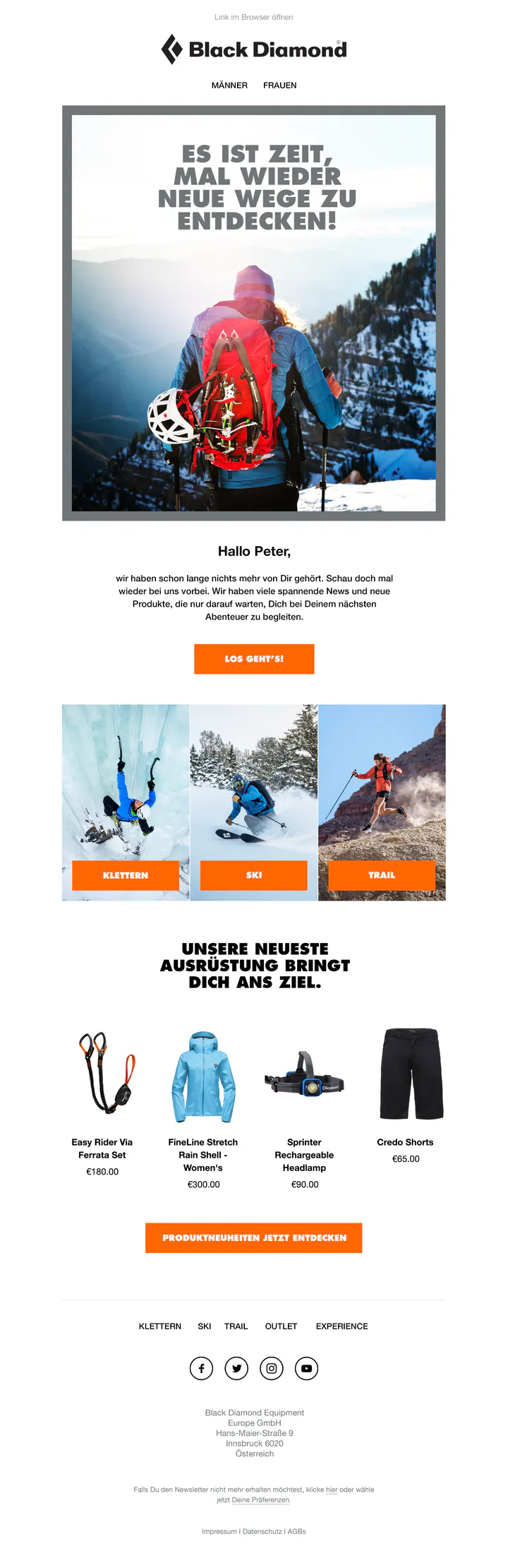 Black Diamond win-back email in German. Inside a grey frame, a hiker with a red pack and a climbing helmet looks out over snowy mountains under the headline “Es ist Zeit, mal wieder neue Wege zu entdecken!”. Below are a short message, an orange “Los geht’s!” button, three photo tiles labelled Klettern, Ski and Trail, four new products with prices, and an orange button to see everything new.