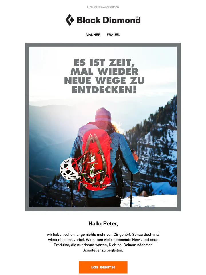 Black Diamond win-back email in German: inside a grey frame, a hiker with a red pack and a climbing helmet looks out over snowy mountains under the headline “Es ist Zeit, mal wieder neue Wege zu entdecken!”.