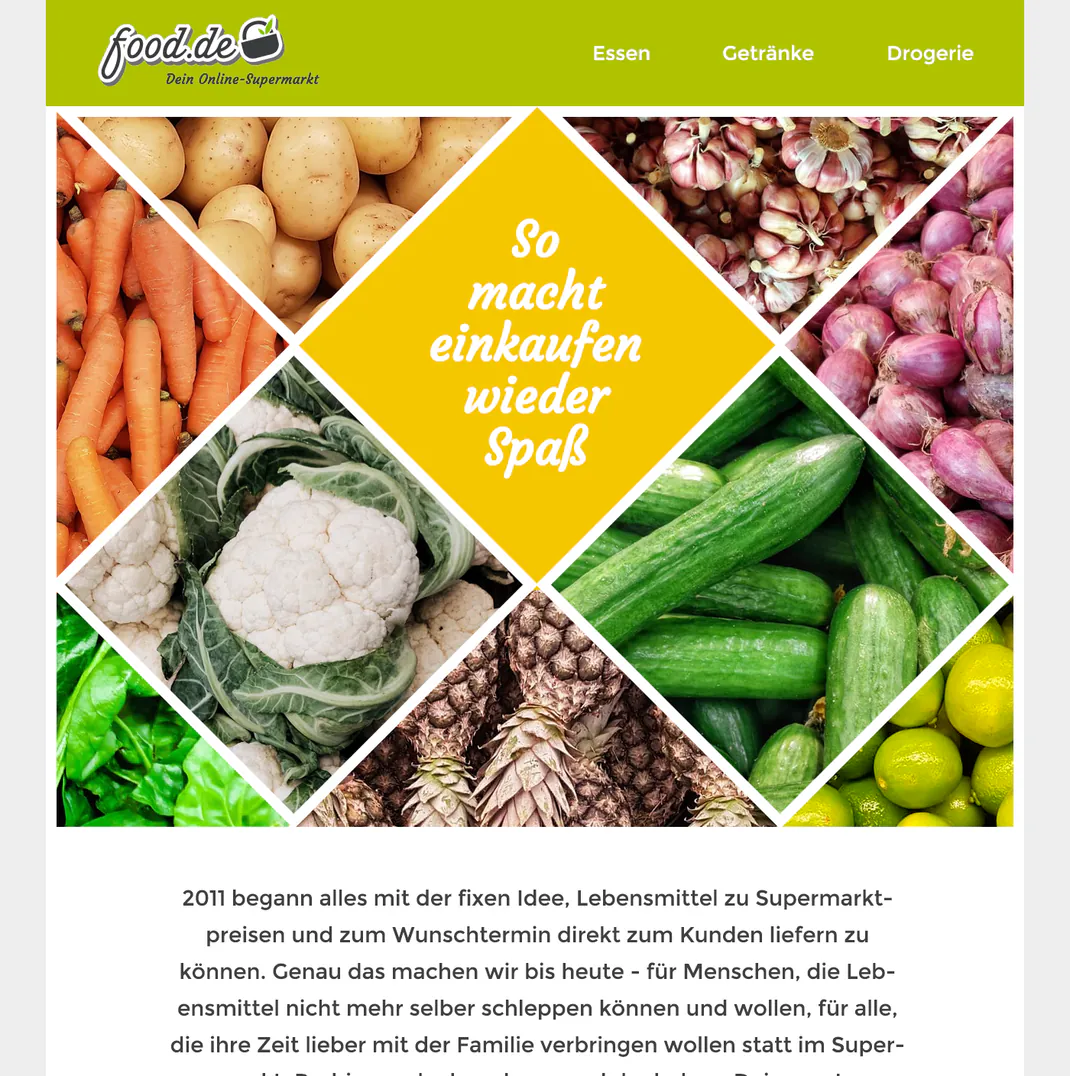 Top of a food.de newsletter email: the lime-green header with the logo and the departments Essen, Getränke and Drogerie, above photographs of vegetables and fruit cut into diamonds around a yellow diamond reading "So macht einkaufen wieder Spaß".