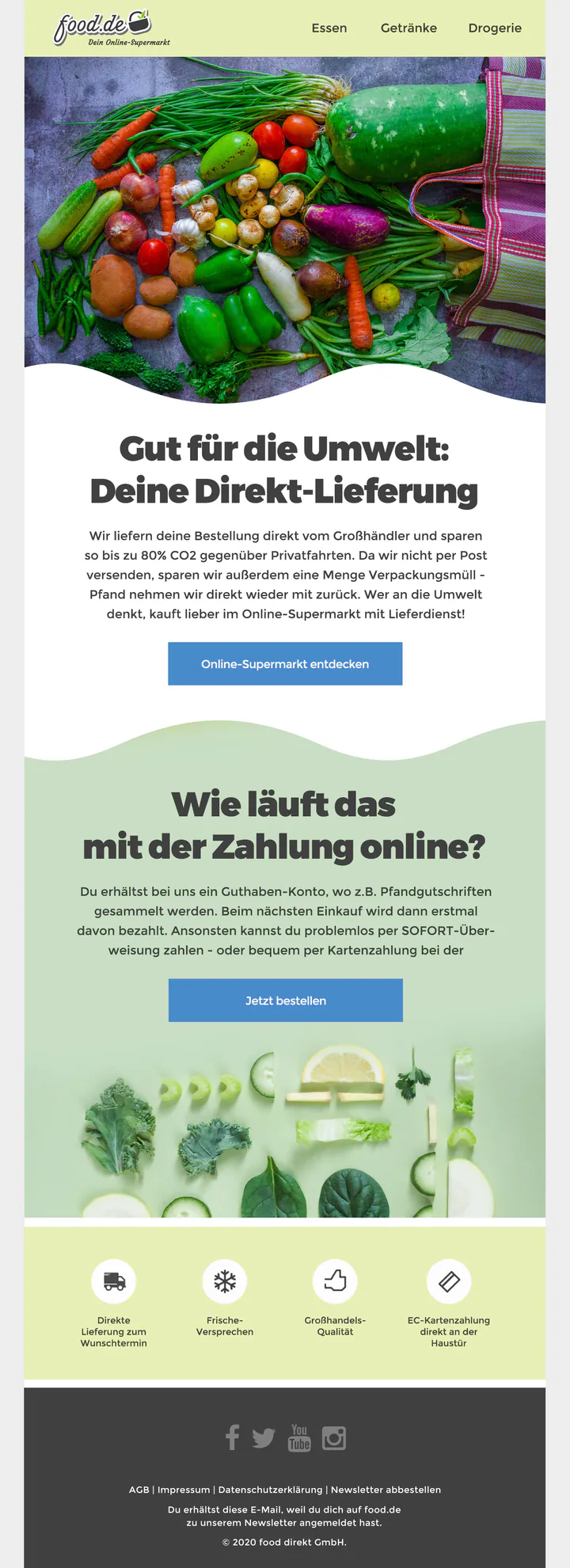 food.de email in German. A photograph of mixed vegetables spilling from a woven shopping bag gives way, along a wave-shaped edge, to the headline “Gut für die Umwelt: Deine Direkt-Lieferung” and a paragraph about delivering straight from the wholesaler. A pale green section asks how paying online works, above sliced vegetables and greens laid out on pale green, followed by four service icons and a dark footer.