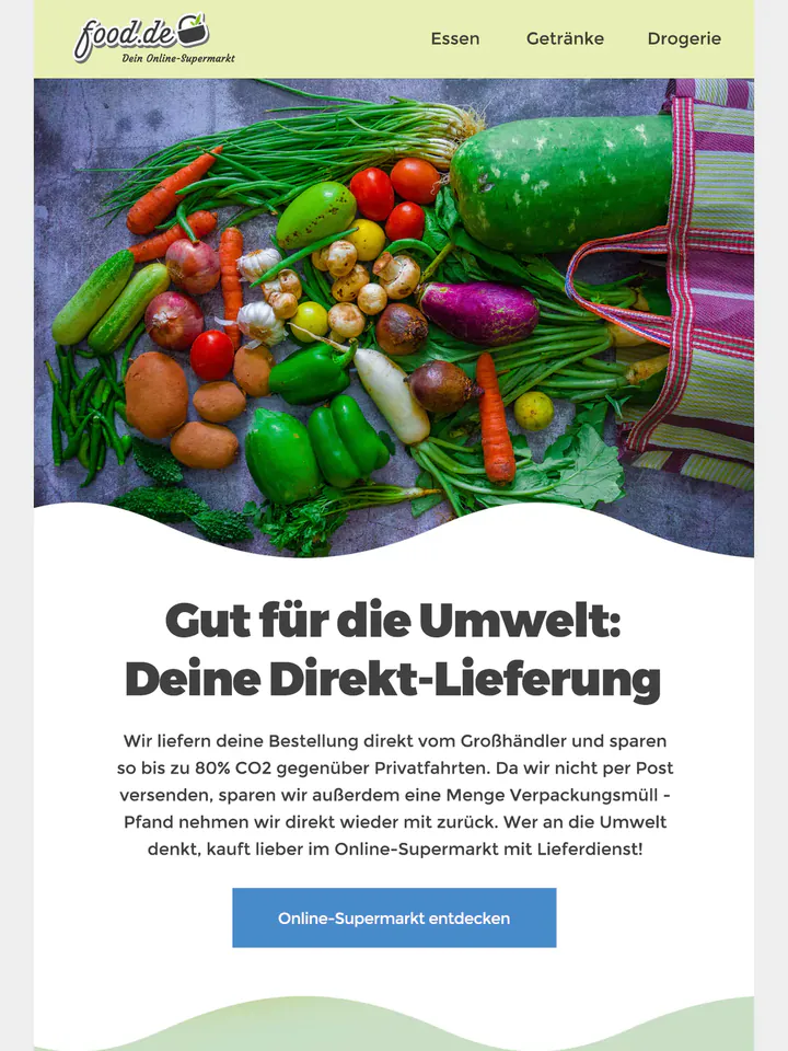 food.de newsletter in German: vegetables spilling from a woven shopping bag above the headline “Gut für die Umwelt: Deine Direkt-Lieferung”.