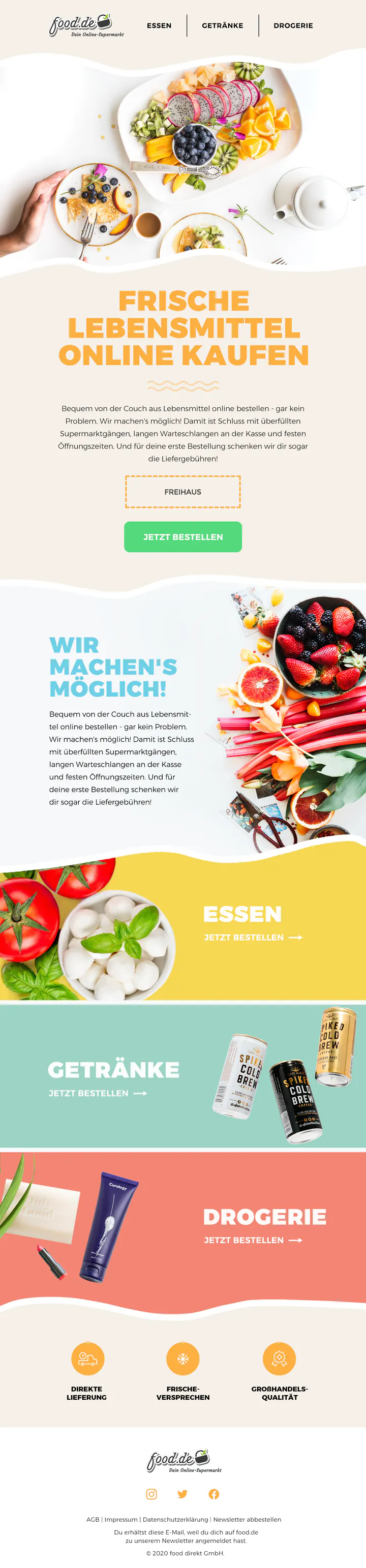 food.de email in German, on a warm off-white background. A breakfast table of fruit, crêpes and tea sits between wave-shaped edges above the orange headline “Frische Lebensmittel online kaufen”, a dashed box with the code FREIHAUS and a green order button. Further down, a section headed “Wir machen’s möglich!” sits beside berries and rhubarb, followed by three full-width bands for food, drinks and household goods in yellow, teal and coral.