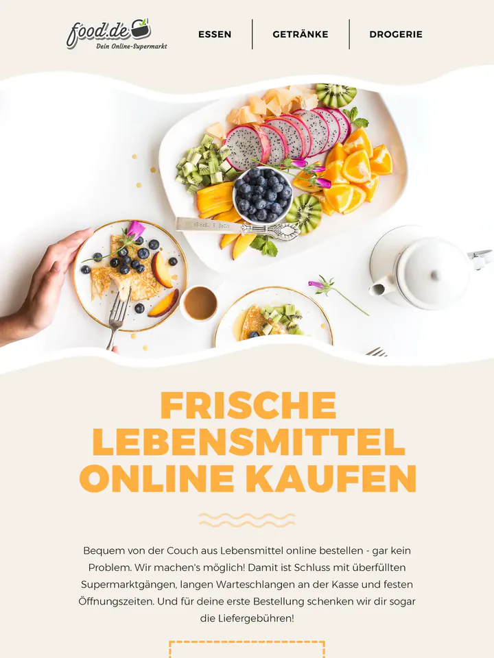 food.de newsletter in German: a breakfast table of fruit, crêpes and tea above the orange headline “Frische Lebensmittel online kaufen”.