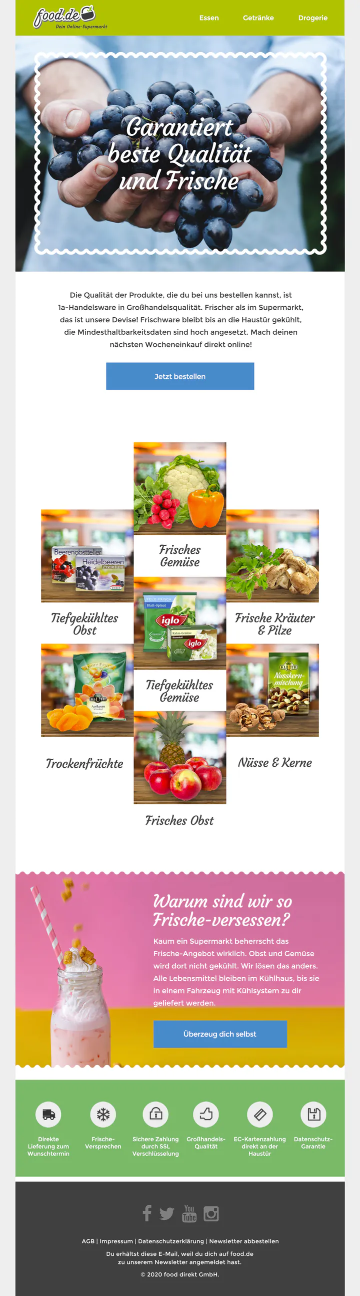 food.de email in German. Under a lime-green header, the headline “Garantiert beste Qualität und Frische” sits in a scalloped white frame over a photograph of blueberries held in cupped hands. Below are a paragraph about wholesale quality, a blue order button, a staggered grid of seven product categories from fresh vegetables to nuts, a pink section with a milkshake asking why the shop is so obsessed with freshness, and a green bar of six service icons.