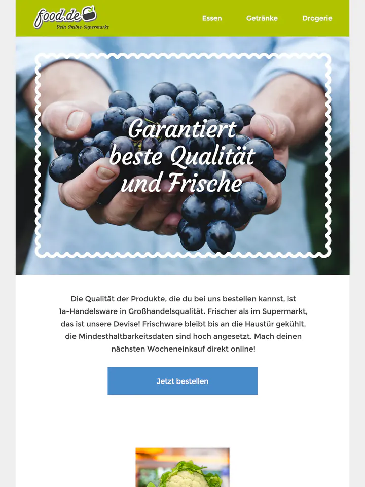 food.de newsletter in German: under a lime-green header, the headline “Garantiert beste Qualität und Frische” in a scalloped white frame over blueberries held in cupped hands.