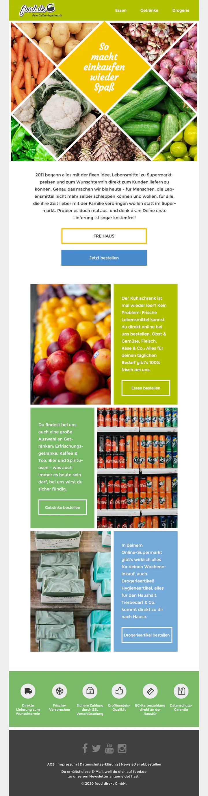 food.de email in German. Under a lime-green header, photographs of carrots, potatoes, garlic, onions, cauliflower, pineapples, cucumbers and limes are cut into diamonds around a yellow centre diamond reading “So macht einkaufen wieder Spaß”. Below are a paragraph about the shop’s start in 2011, a box with the code FREIHAUS, a blue order button, and three alternating photo and text panels for food, drinks and household goods, each with its own button.