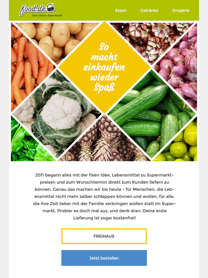 food.de newsletter in German: photographs of vegetables and fruit cut into diamonds around a yellow diamond reading “So macht einkaufen wieder Spaß”.
