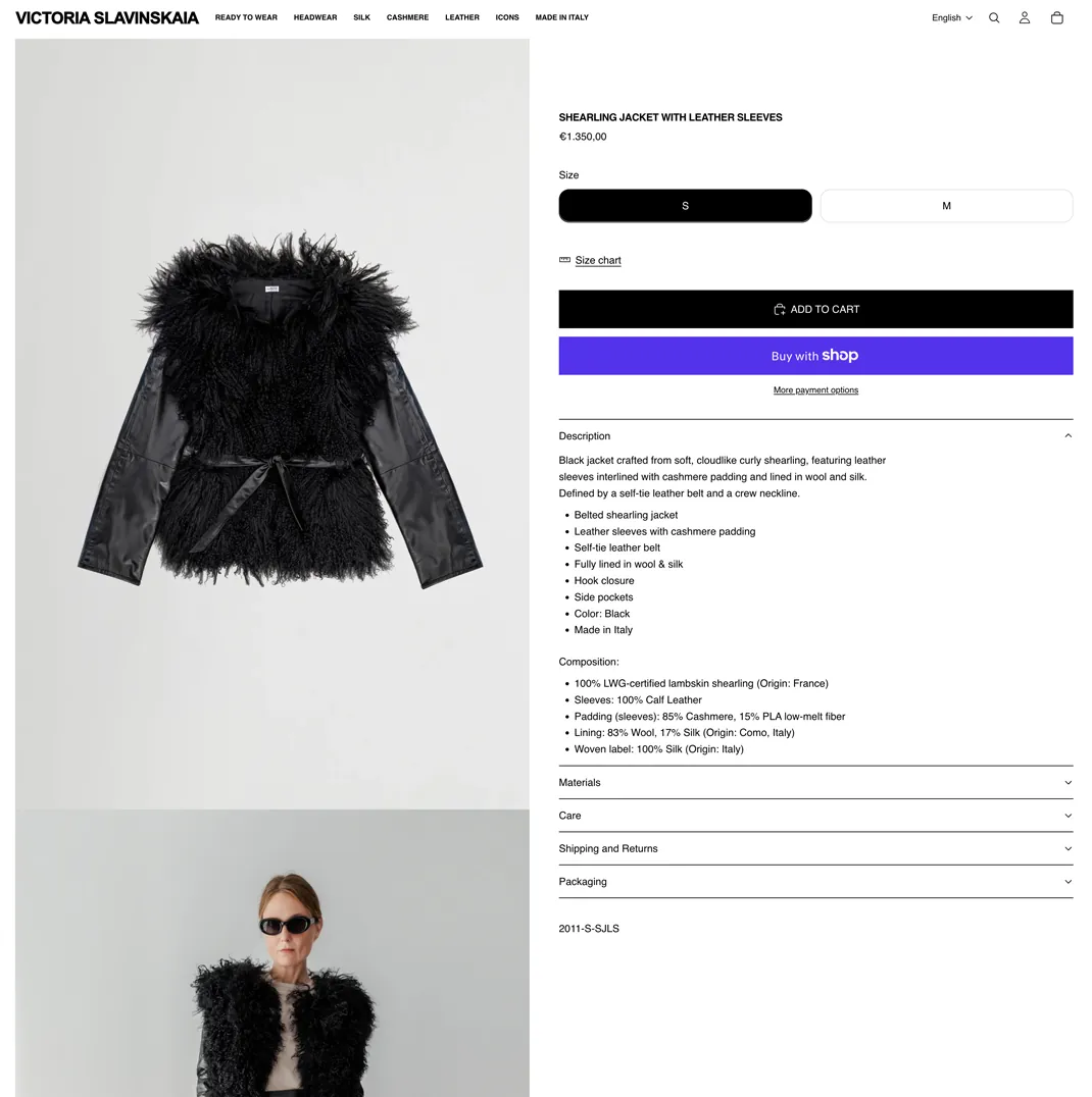 Product page of the luxury fashion store: a shearling jacket with size picker, add to cart and Shop Pay checkout.