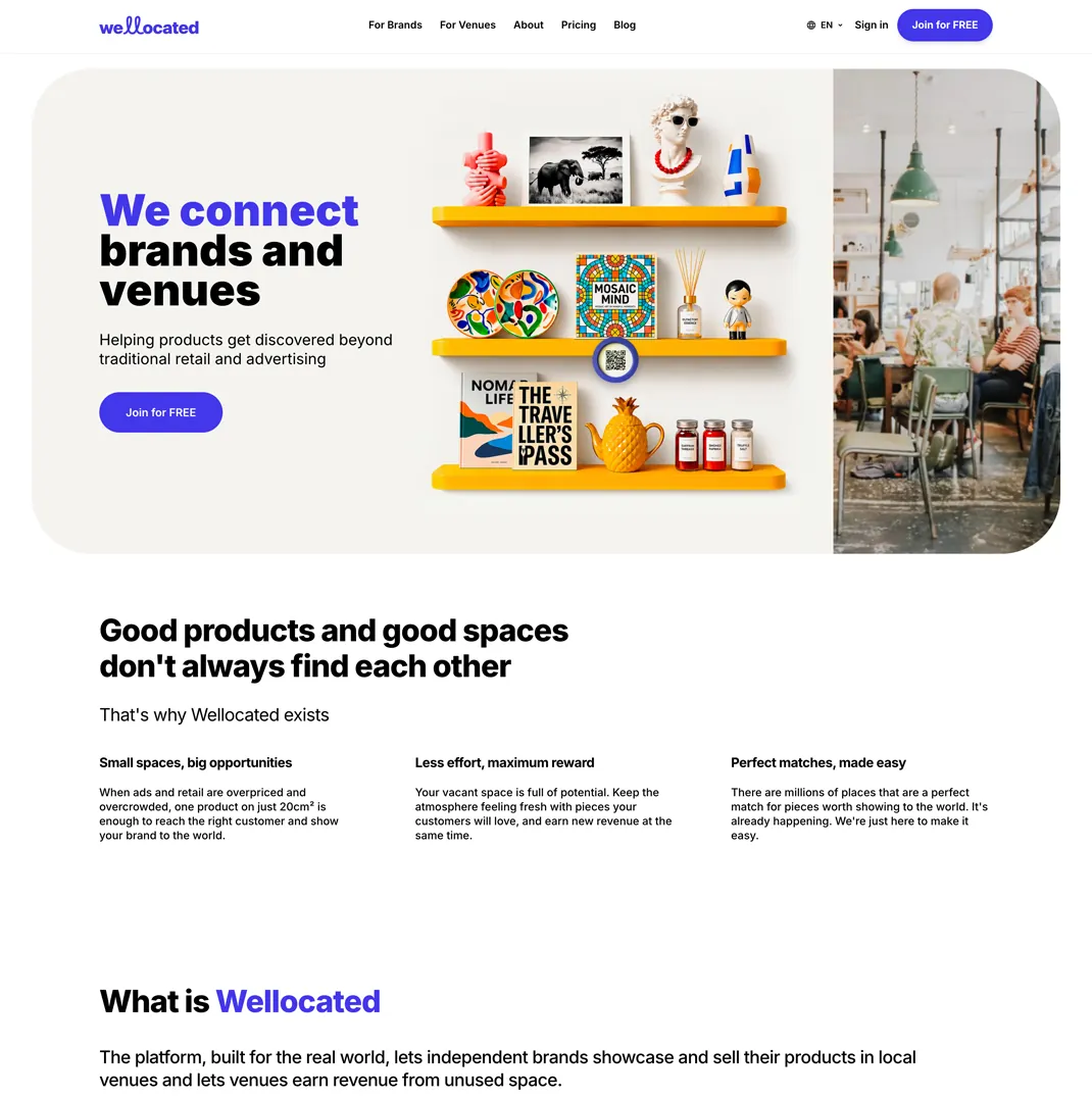 Wellocated homepage: "We connect brands and venues", with products on shelves beside a QR code and a café interior.